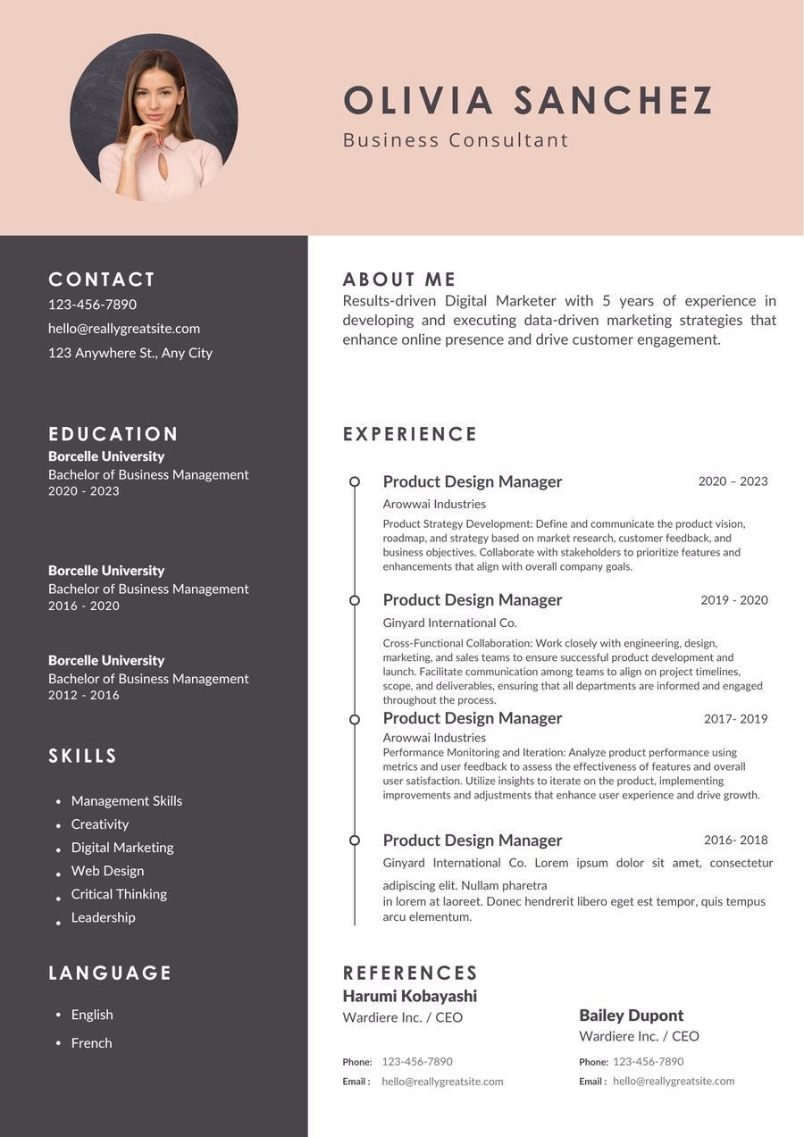 Rose Charcoal CV template preview