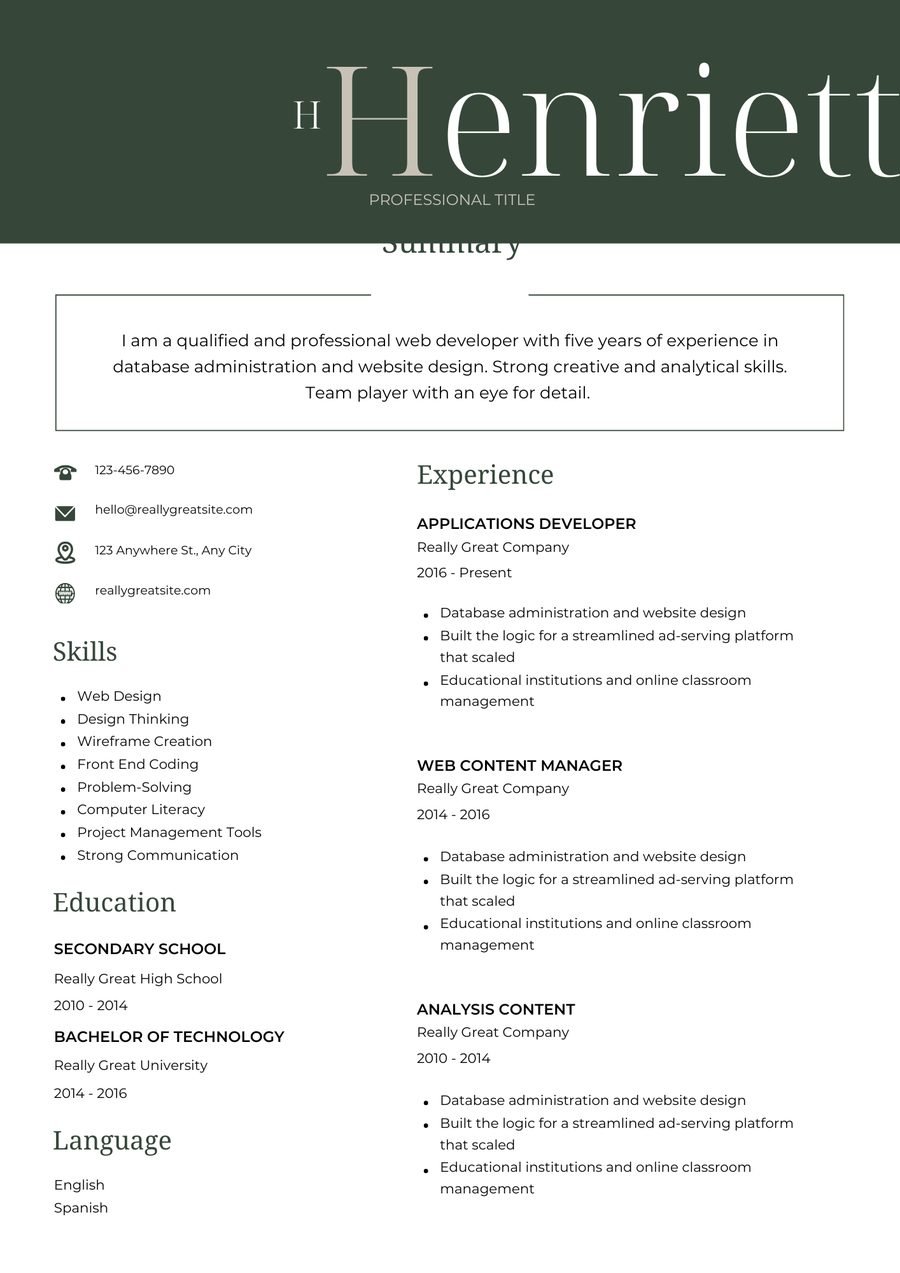 Forest Serif CV template preview