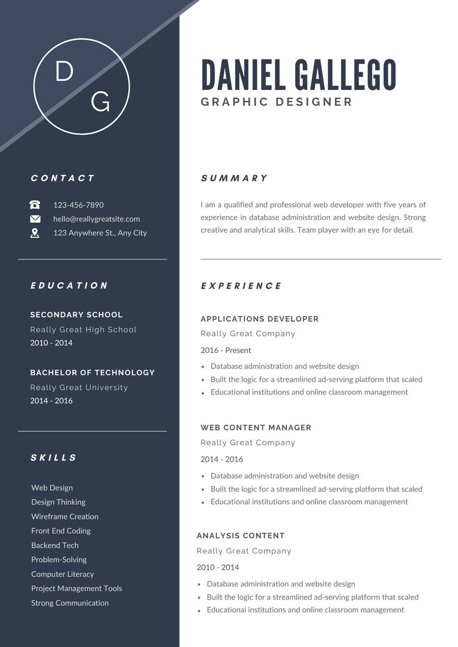 Diagonal Navy CV template preview