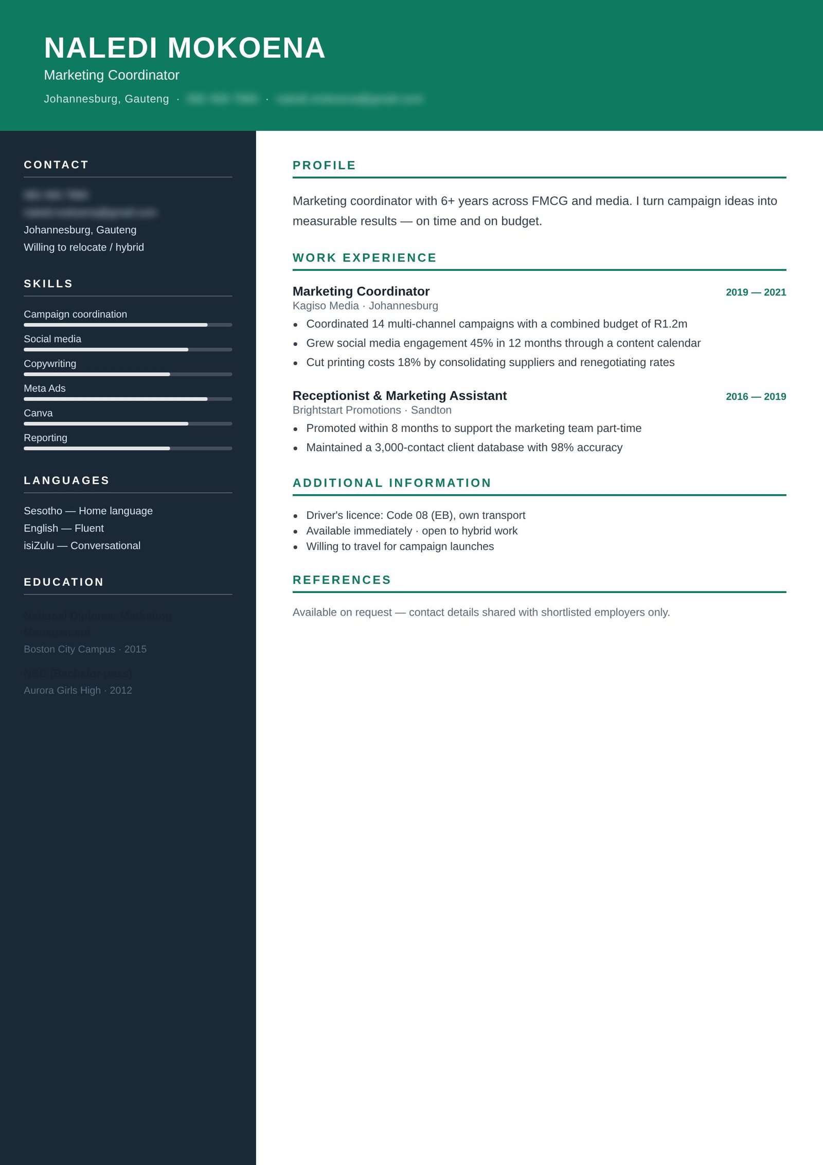 Marketing Coordinator, Joburg — revamped CV after revamp (details blurred)