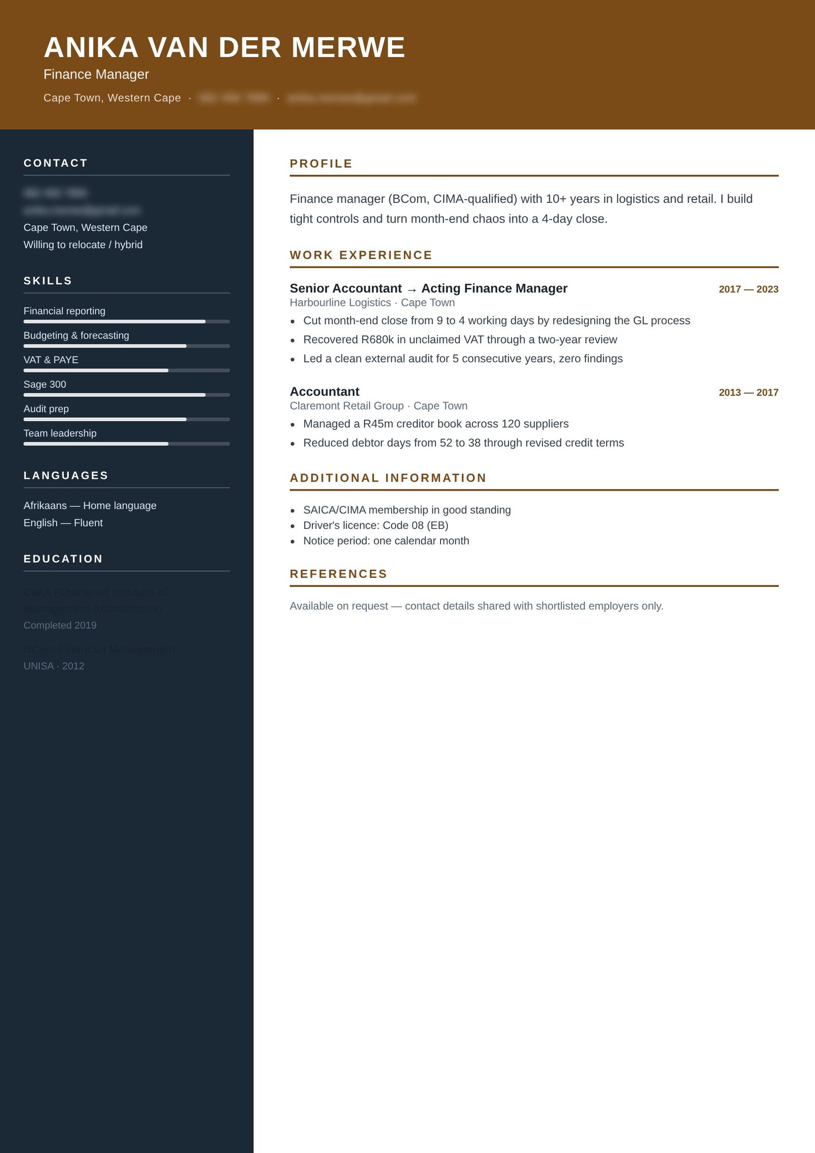 Finance Manager, Cape Town — revamped CV after revamp (details blurred)