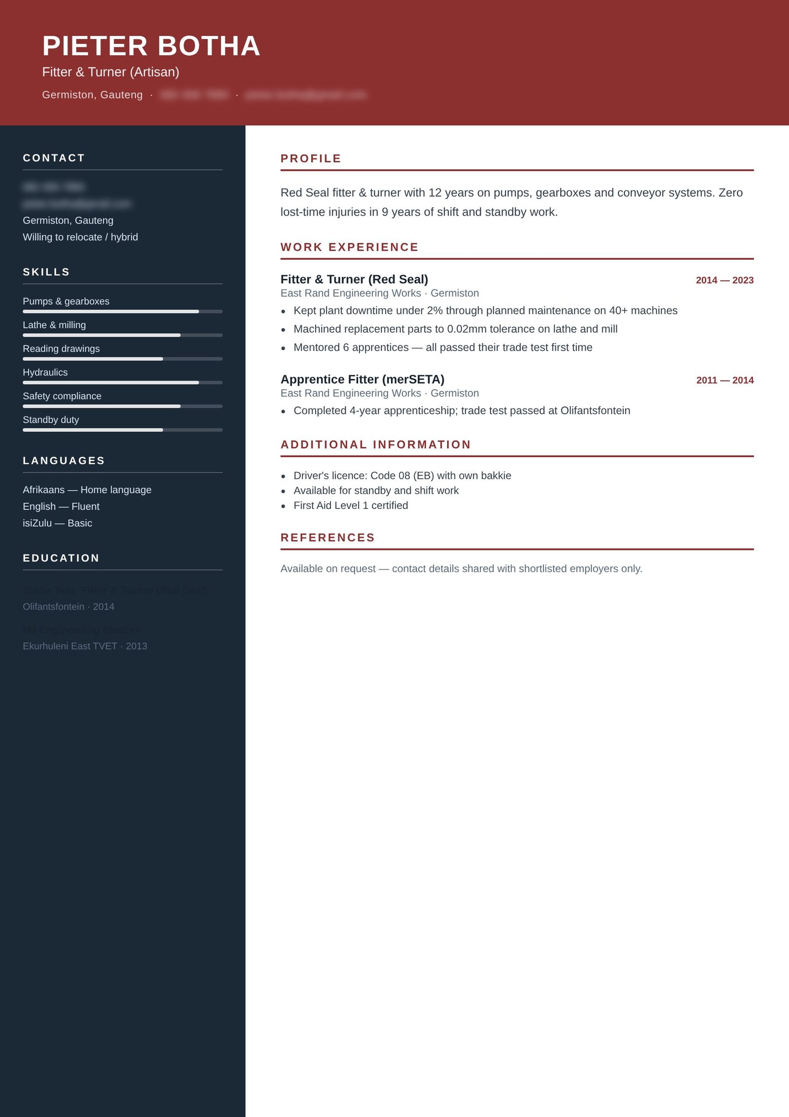 Artisan / Fitter, Germiston — revamped CV after revamp (details blurred)