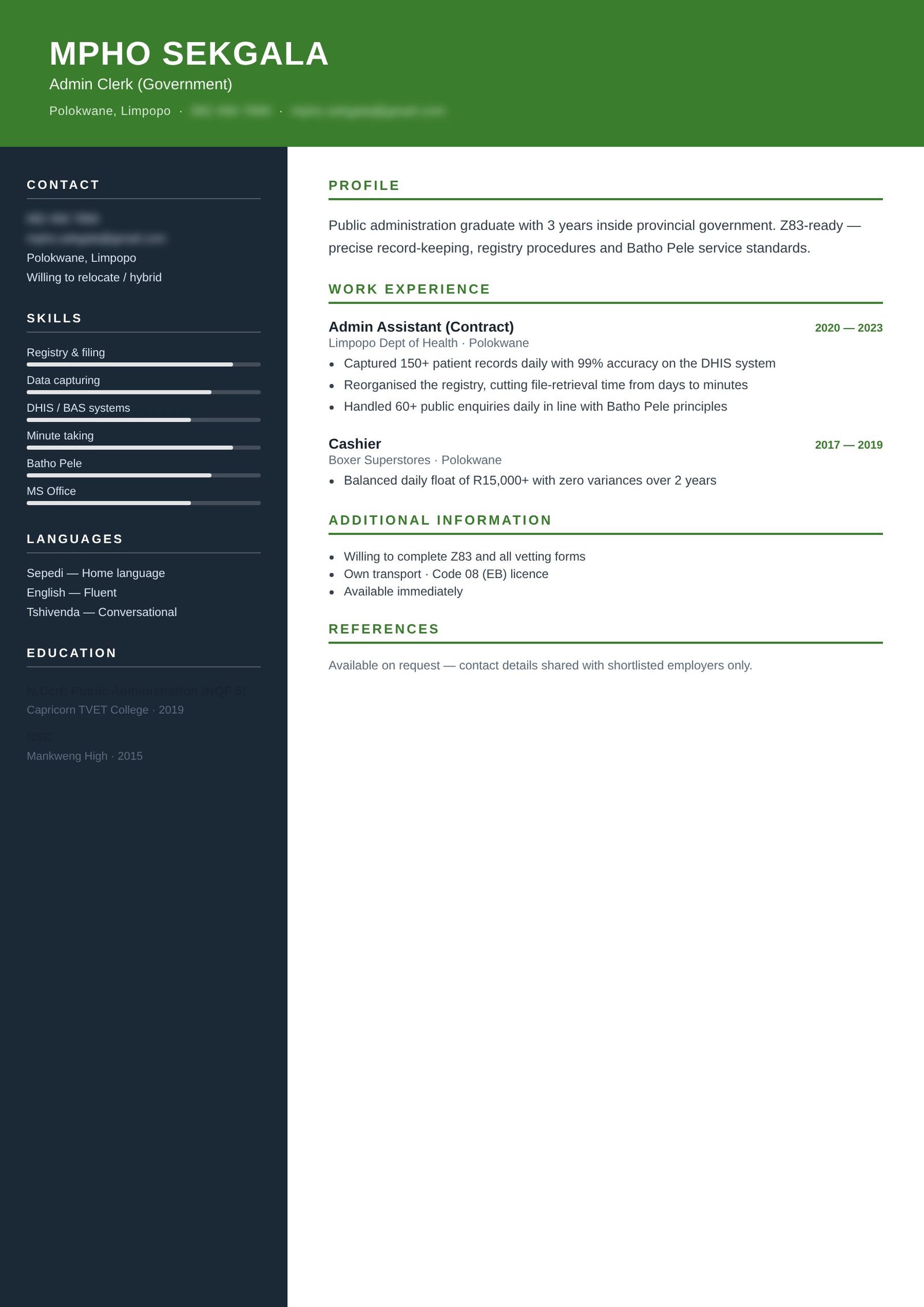Admin Clerk (Government), Polokwane — revamped CV after revamp (details blurred)