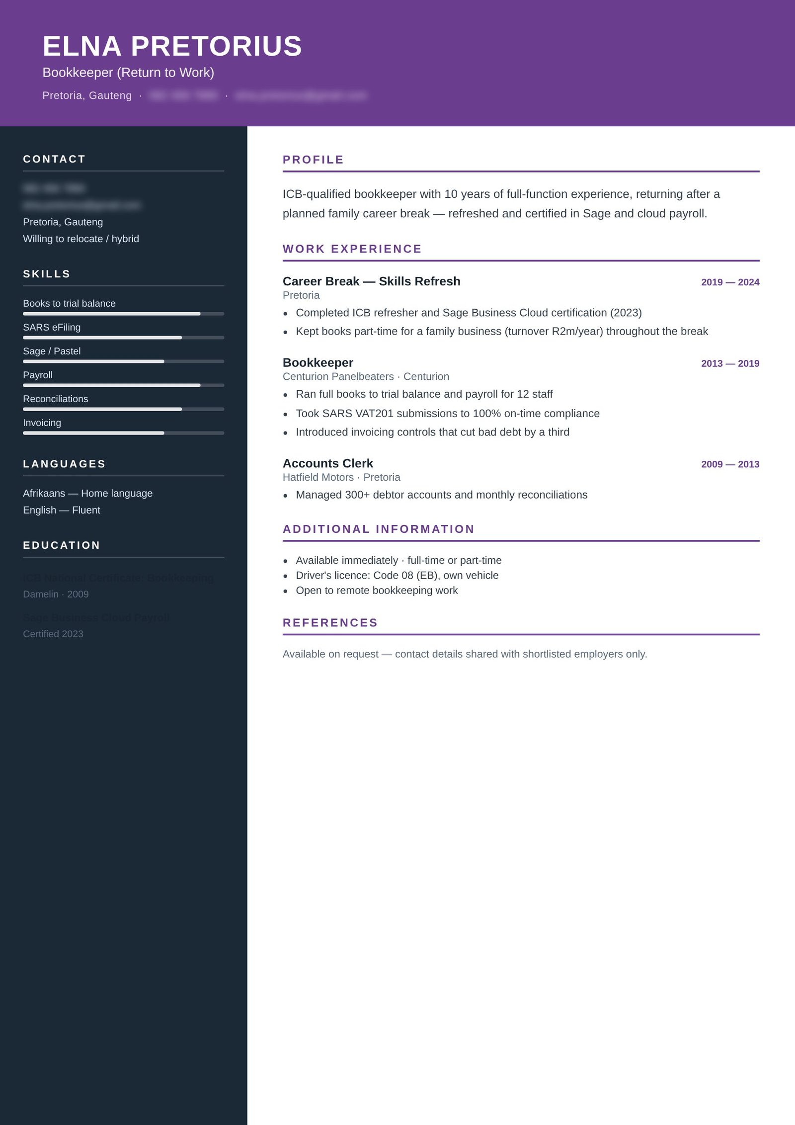 Return-to-work Parent, Pretoria — revamped CV after revamp (details blurred)
