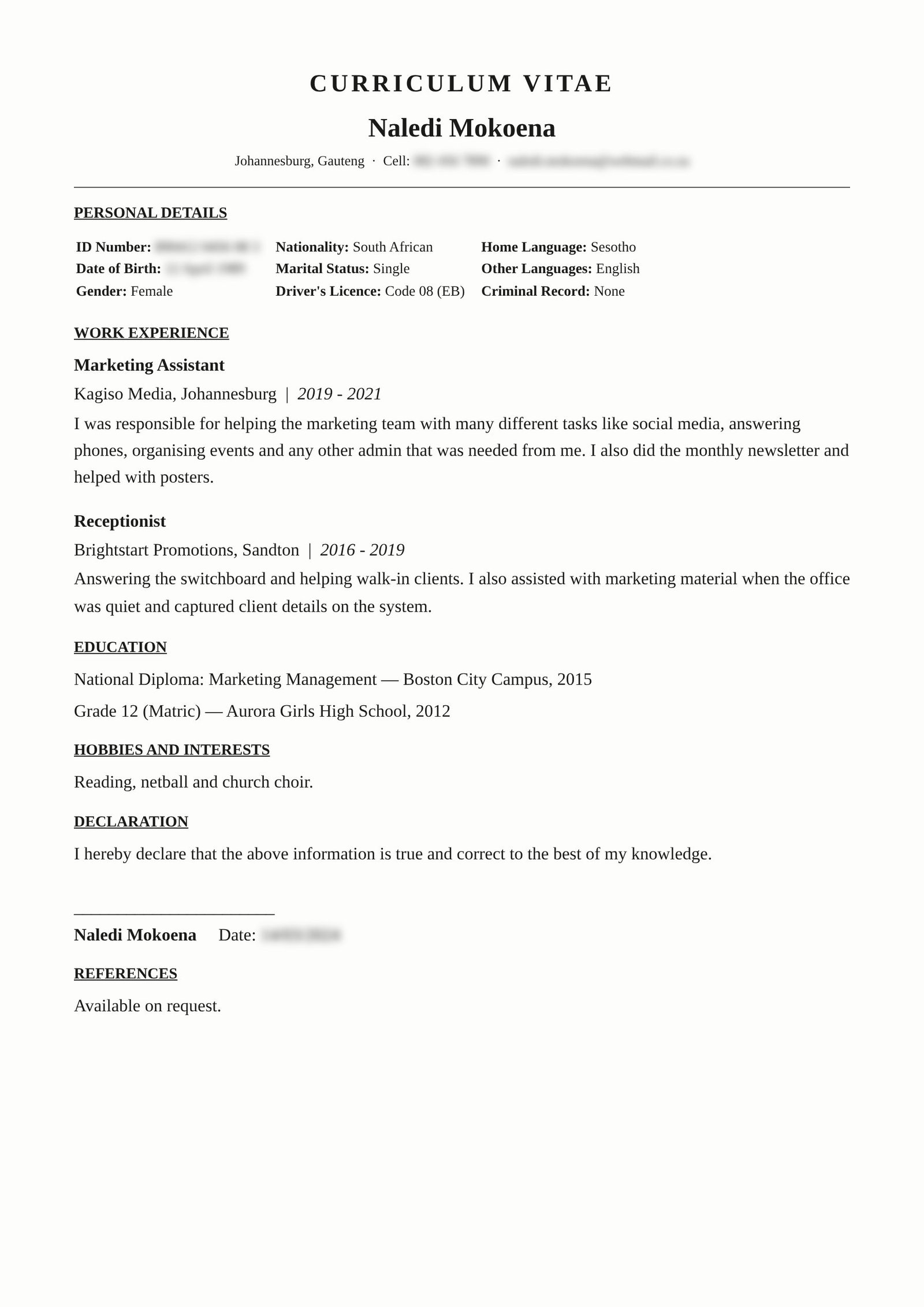 Marketing Coordinator, Joburg — original CV before revamp (details blurred)