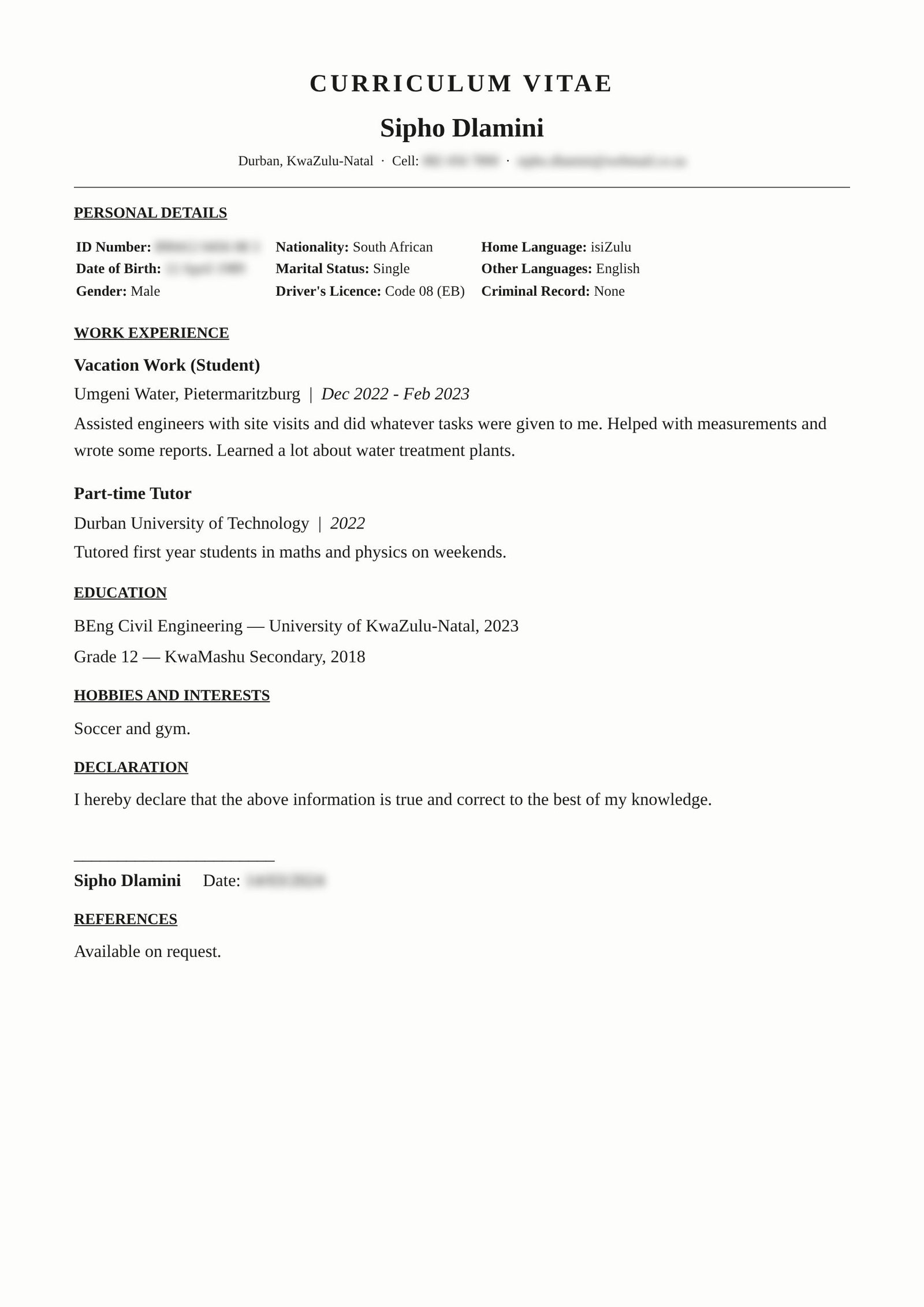 Graduate Engineer, Durban — original CV before revamp (details blurred)