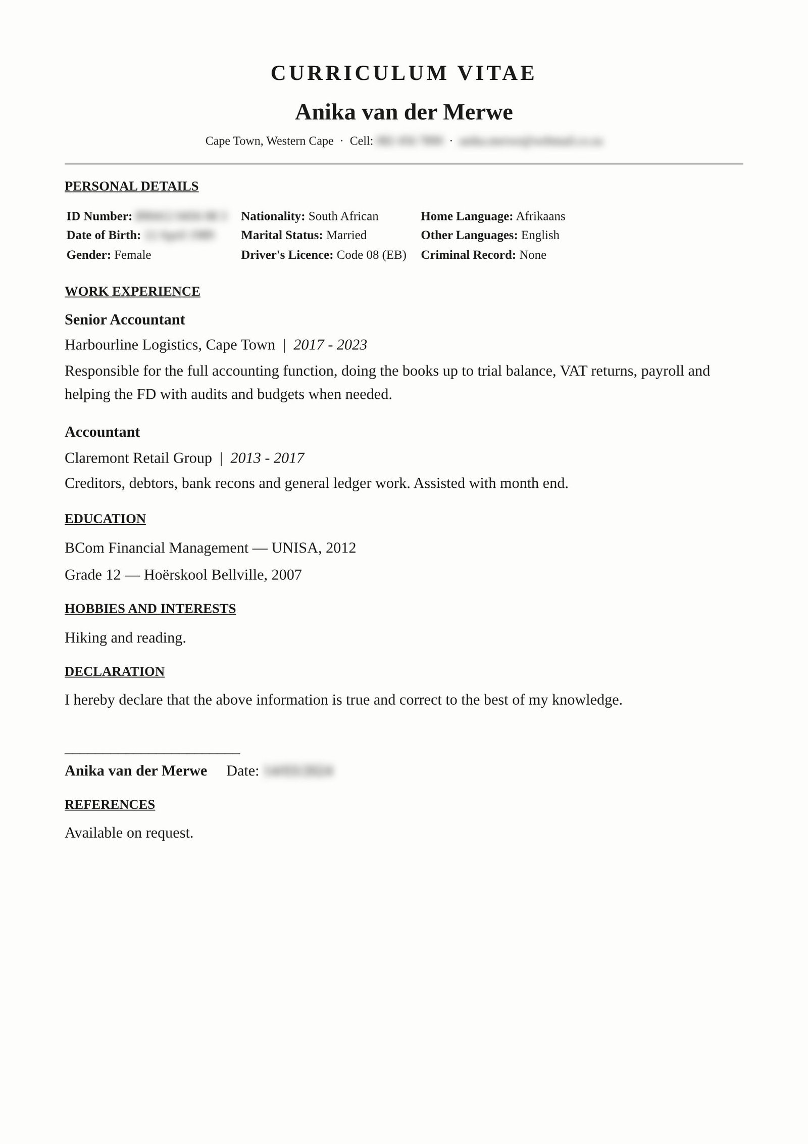 Finance Manager, Cape Town — original CV before revamp (details blurred)