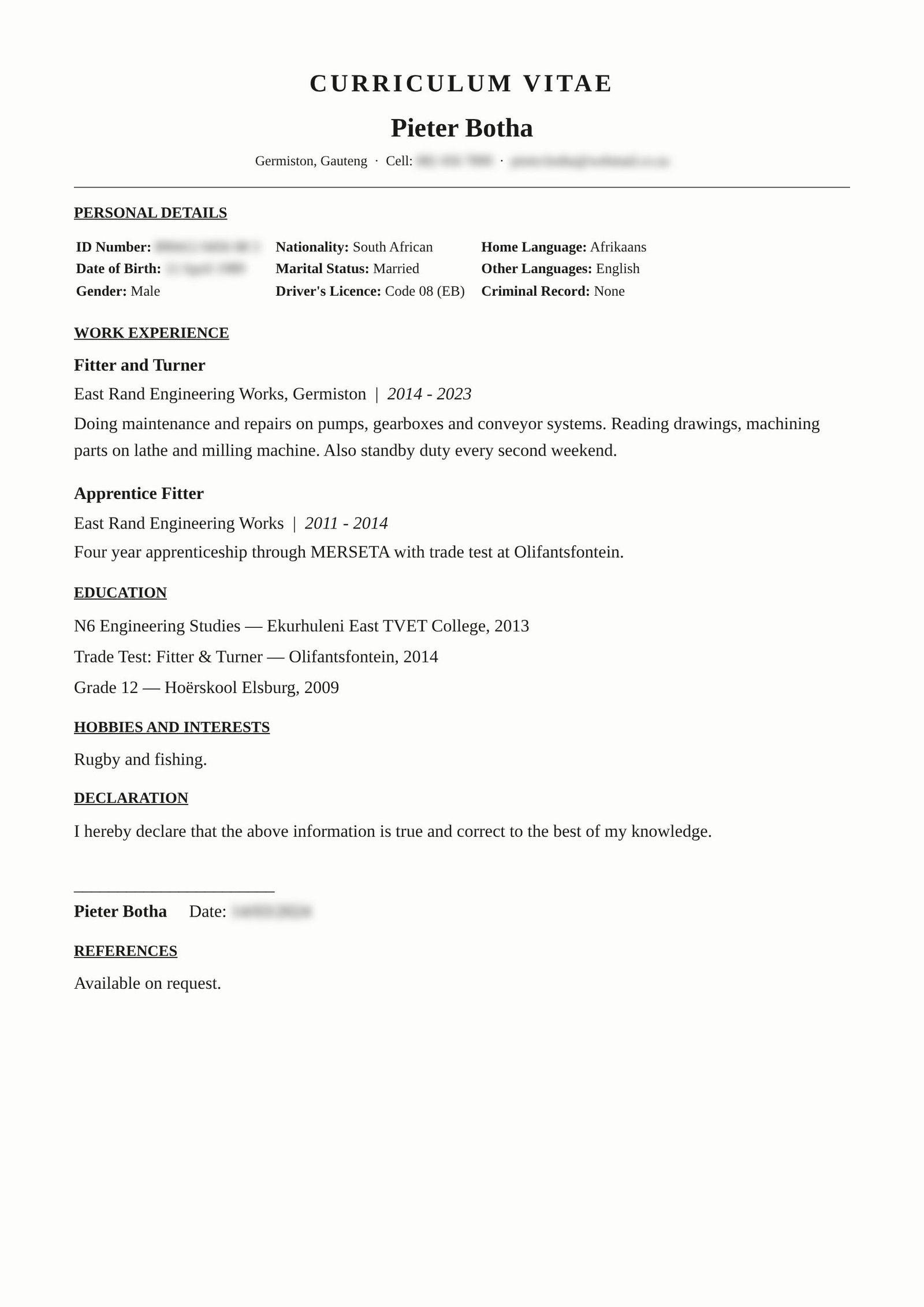 Artisan / Fitter, Germiston — original CV before revamp (details blurred)