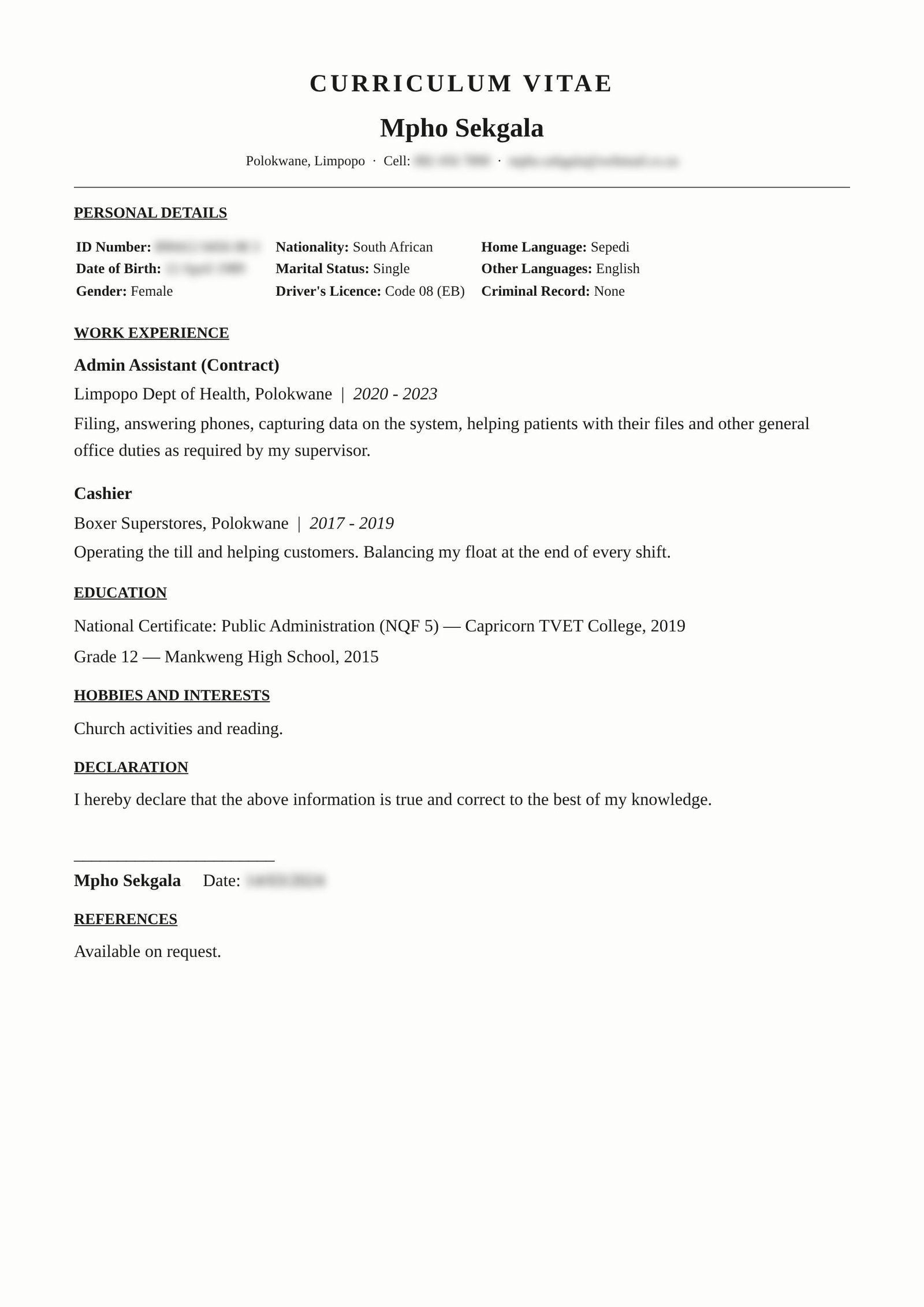 Admin Clerk (Government), Polokwane — original CV before revamp (details blurred)