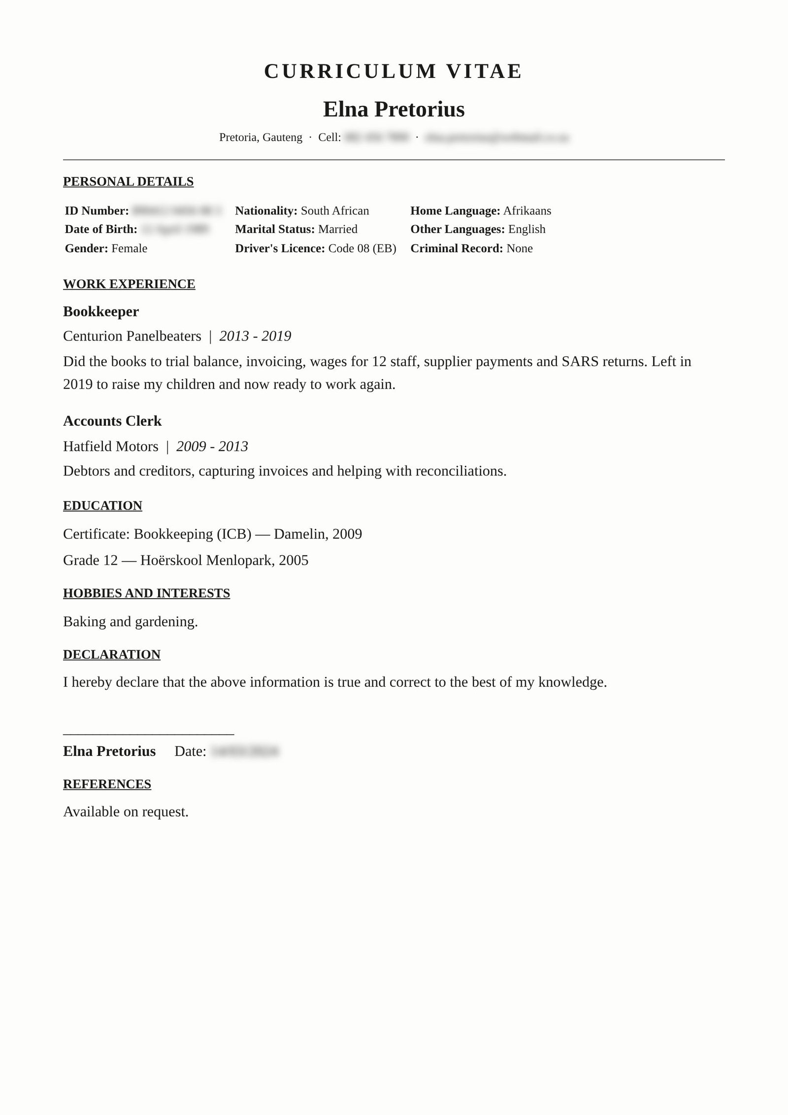 Return-to-work Parent, Pretoria — original CV before revamp (details blurred)